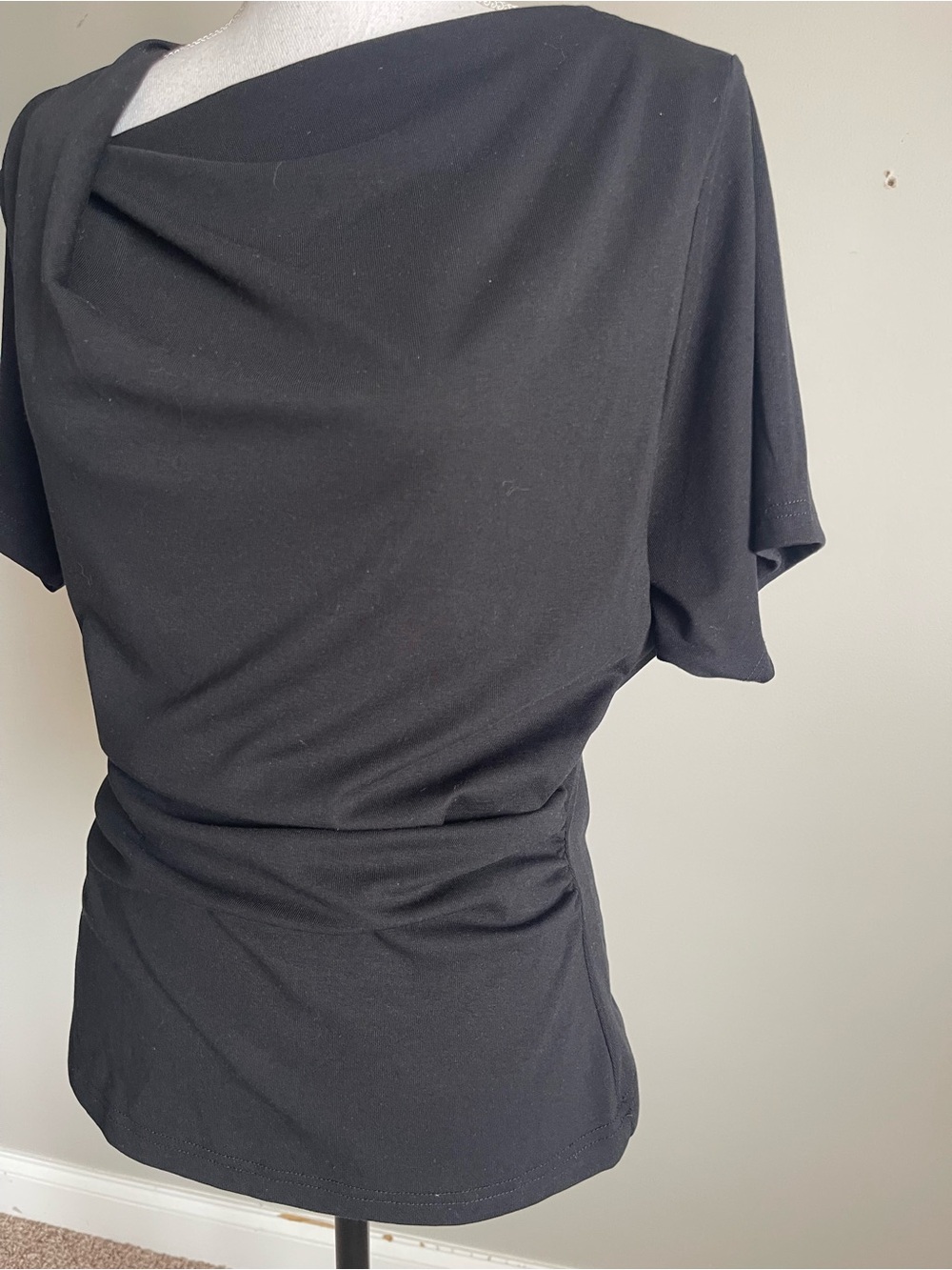 OGL | Black Asymmetrical Cowl Neck Ruched Top Sz L - Picture 6 of 10